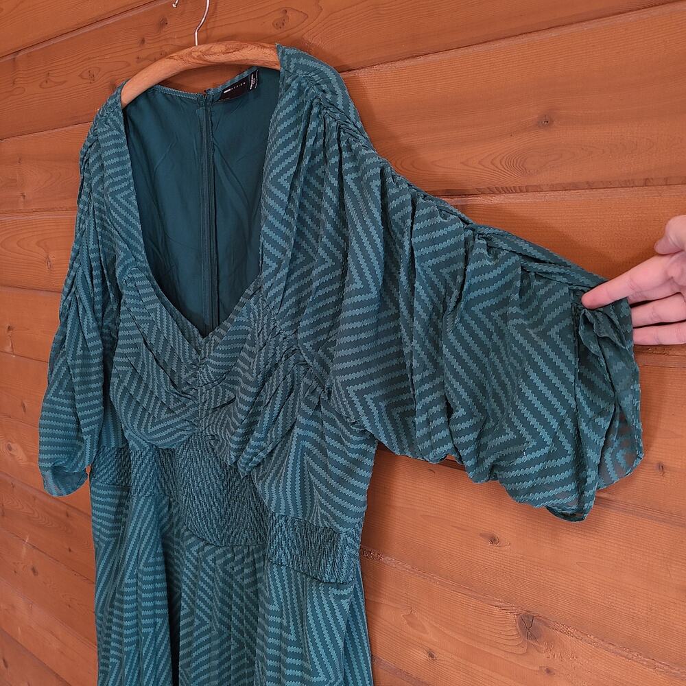 Asos Midi Dress Green Textured Bridesmaid Ruched Curve Boho Pleated NWT 26 - Picture 5 of 6